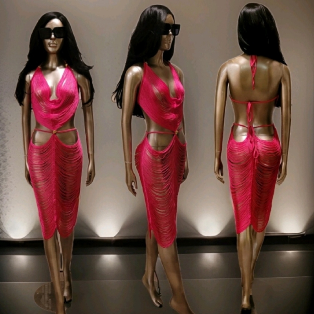 NWT Sunset Pink In Miami Sexy Cut Out Fringe Embellished Ibiza Festival Dress - Picture 16 of 16